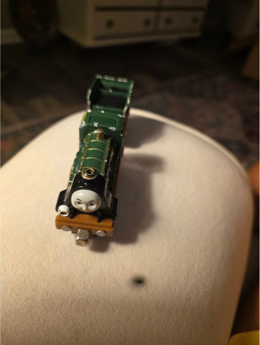 Vintage Green Toy Train Engine and Coal Car with Face Detail
